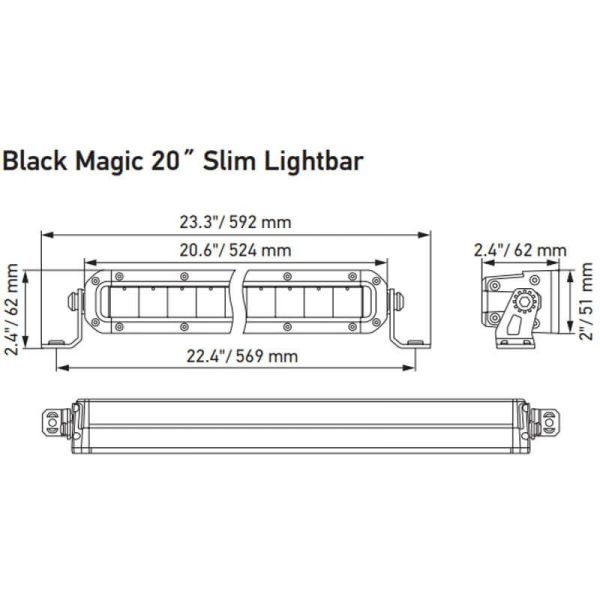 Dimensões Black Magic LED Bar 20" 524mm Slim ECE 50 Approved 3.910Lm 12/24V 1FJ 358 196-301 Hella | LeonLeds