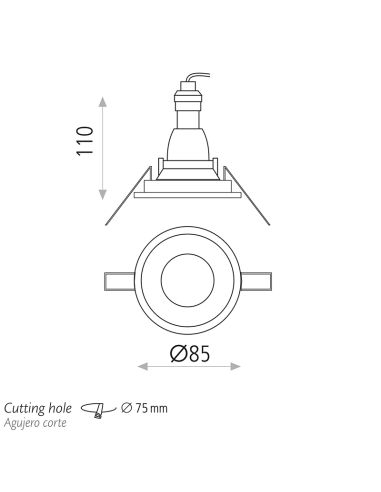 Downlight LED embutido branco Nork 8W - GU10 - IP54 Medidas