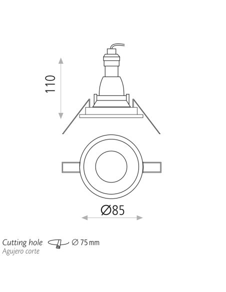 Downlight LED embutido branco Nork 8W - GU10 - IP54 Medidas