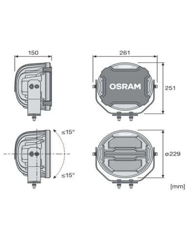 Dimensiones Faro LED potente con luz de posición Homologado 60W / 2,5W Cube MX260-CB LEDDL112-CB Osram | LeonLeds
