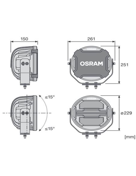 Dimensões Farol de LED potente com luz de posição Aprovado 60W / 2,5W Cubo MX260-CB LEDDL112-CB Osram | leonleds