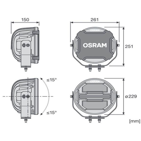 Dimensões Farol de LED potente com luz de posição Aprovado 60W / 2,5W Cubo MX260-CB LEDDL112-CB Osram | leonleds