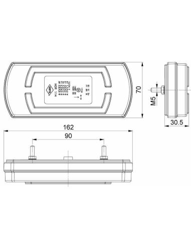 Dimensiones Piloto Trasero LED rectangular con luz de posición Neon con cable 5 Funciones R1 S1 2A AR F1 Horpol | LeonLeds