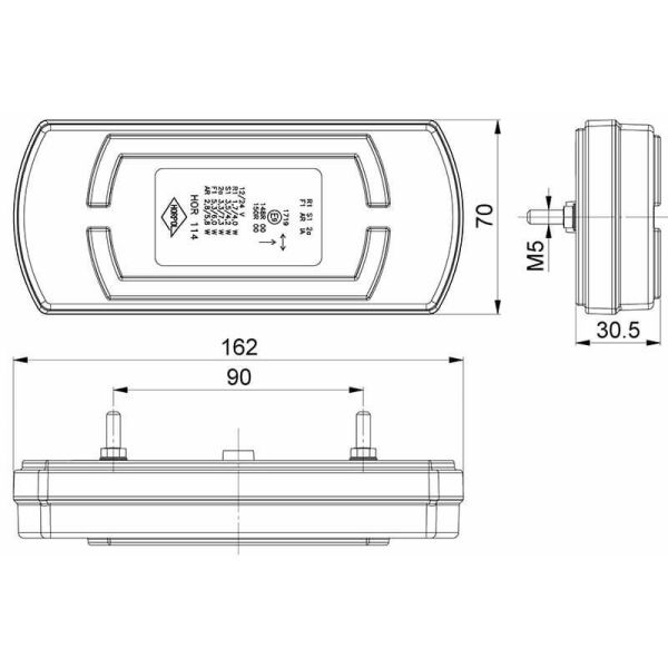 Dimensions Feu arrière LED rectangulaire avec feu de position néon avec câble 5 fonctions R1 S1 2A AR F1 Horpol | leonleds