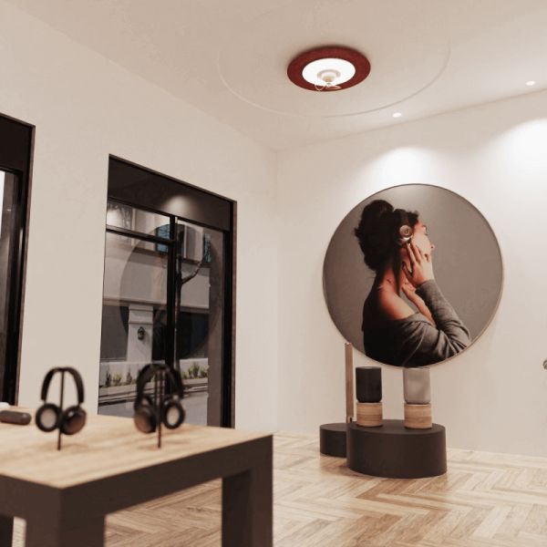 Ventilateur de plafond LED Fono rouge avec réduction du bruit ambiant