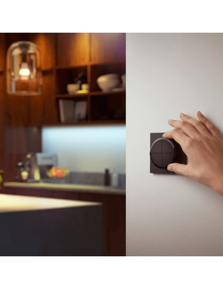 Soporte pared inalámbrico Philips Hue tap switch 4 botones y 1 selector color negro instalado en la pared