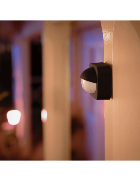 Sensor de exterior Philips Hue IP54 color negro colocado en pared