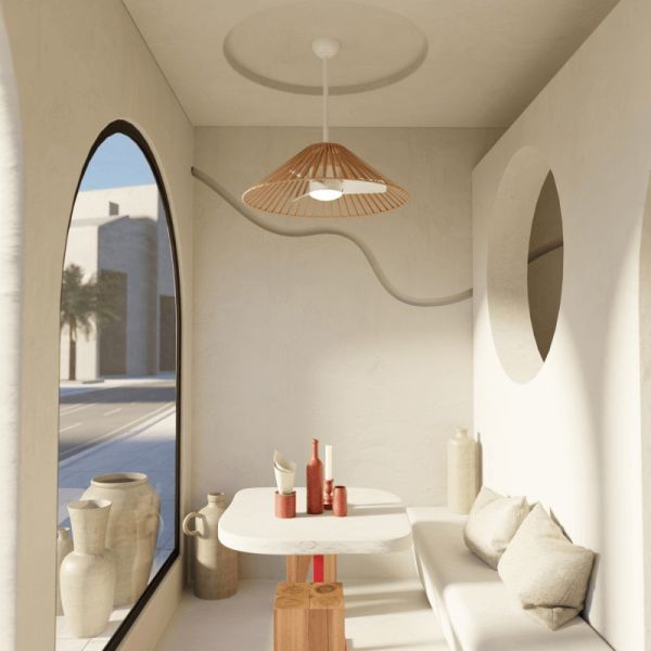 Ventilateur de plafond à DEL Terra avec abat-jour en nylon brun ambiant