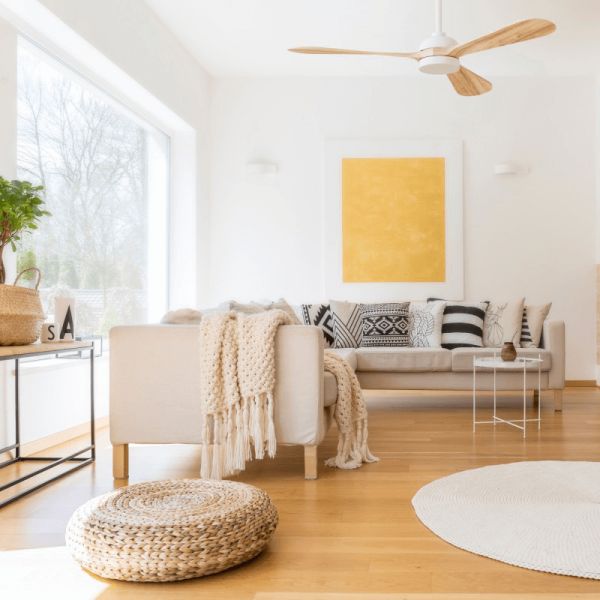 Ventilateur de plafond LED Tonda blanc pales bois environnement IP44 DC