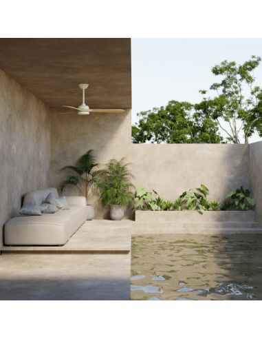 Ventilador de Techo LED Tonda Blanco, Palas en madera IP44 DC exterior