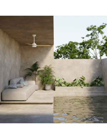 Ventilador de Techo LED Tonda Blanco, Palas en madera IP44 DC exterior