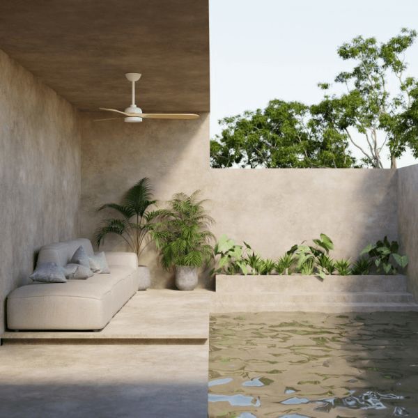 Ventilador de teto branco Tonda LED, lâminas de madeira IP44 DC ao ar livre