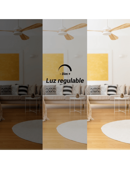 Ventilador de teto branco Tonda LED, lâminas de madeira IP44 DC luz ajustável