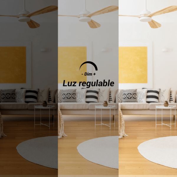 Ventilador de teto branco Tonda LED, lâminas de madeira IP44 DC luz ajustável