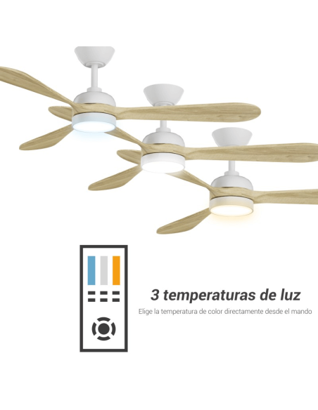 Ventilador de Techo LED Tonda Blanco, Palas en madera IP44 DC temperatura de color