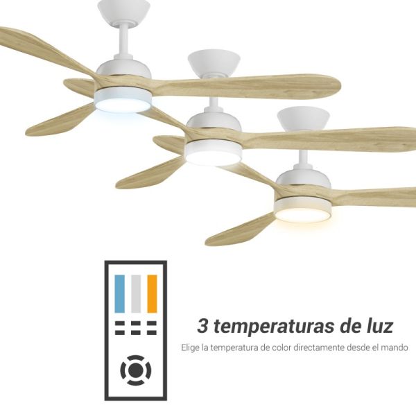 Ventilador de teto LED Tonda branco, lâminas de madeira IP44 DC temperatura de cor