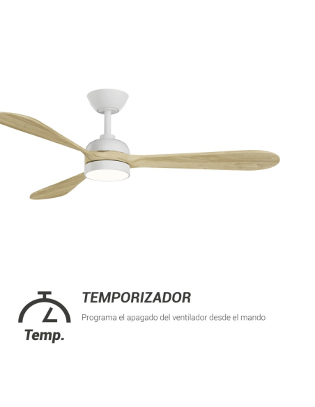 Ventilateur de plafond LED blanc Tonda, pales en bois IP44 DC Timer
