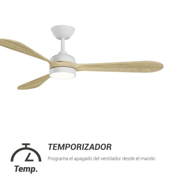 Ventilateur de plafond LED blanc Tonda, pales en bois IP44 DC Timer