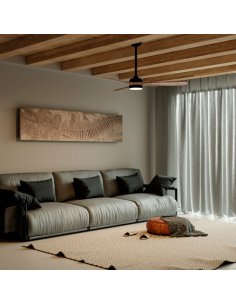 Ventilador de teto LED preto Tonda, lâminas de madeira IP44 DC 2