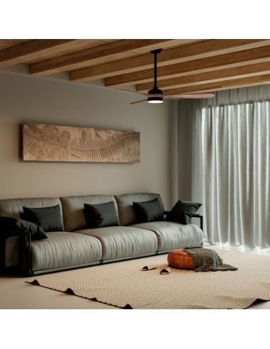 Ventilateur de plafond LED Tonda Noir pales bois IP44 environnement DC