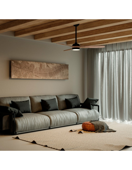 Ventilateur de plafond LED Tonda Noir pales bois IP44 environnement DC