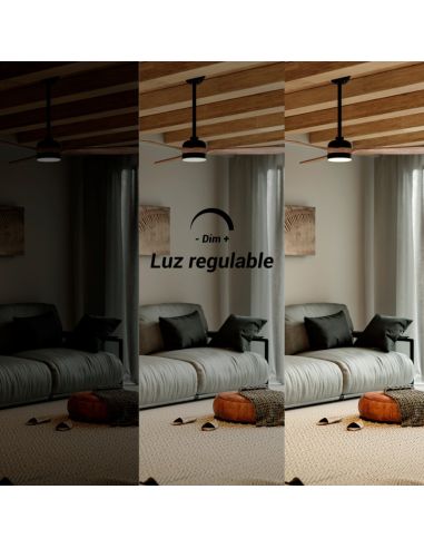 Ventilador de teto LED Tonda Preto, lâminas de madeira IP44 DC luz ajustável