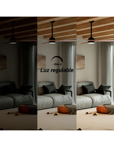 Ventilateur de plafond LED Tonda Noir pales bois IP44 lumière orientable DC