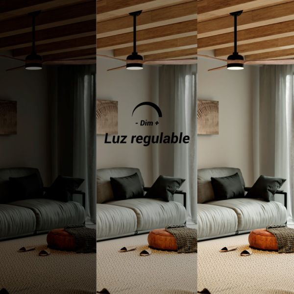 Ventilador de teto LED Tonda Preto, lâminas de madeira IP44 DC luz ajustável
