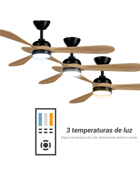 Ventilador de Techo LED Tonda Negro, Palas en madera IP44 DC temperatura de color