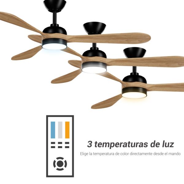 Ventilador de Techo LED Tonda Negro, Palas en madera IP44 DC temperatura de color