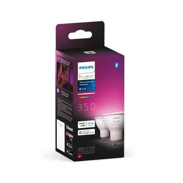 Bombilla inteligente LED Philips Hue White and Color Ambiance GU10 5,7W 2000K-6500K RGB Pack2 caja bombillas