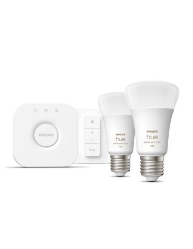 Kit inicial 2 lâmpadas inteligentes E27 (1100lm) + dimmer e cor Philips Hue