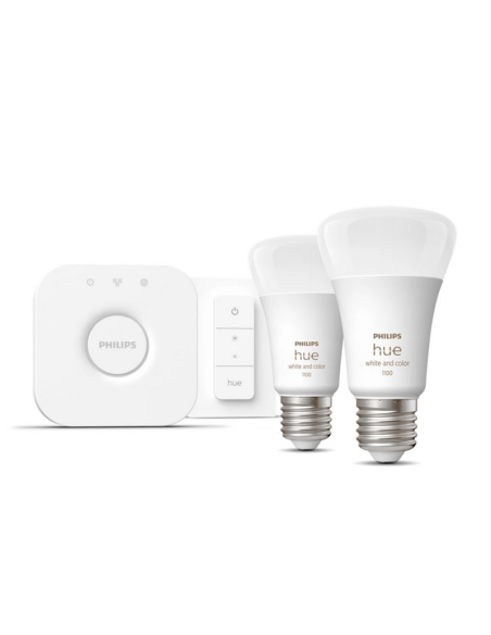 Kit inicial 2 lâmpadas inteligentes E27 (1100lm) + dimmer e cor Philips Hue