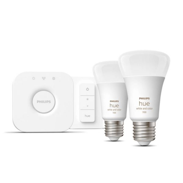 Kit de inicio 2 bombillas inteligentes E27 (1100lm) + regulador de intensidad y color Philips Hue