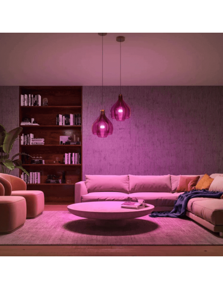 Kit de inicio 2 bombillas inteligentes E27 (1100lm) + regulador de intensidad y color Philips Hue tonalidad rosa en un salón