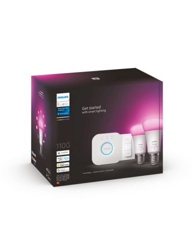 Kit de inicio 2 bombillas inteligentes E27 (1100lm) + regulador de intensidad y color Philips Hue caja producto