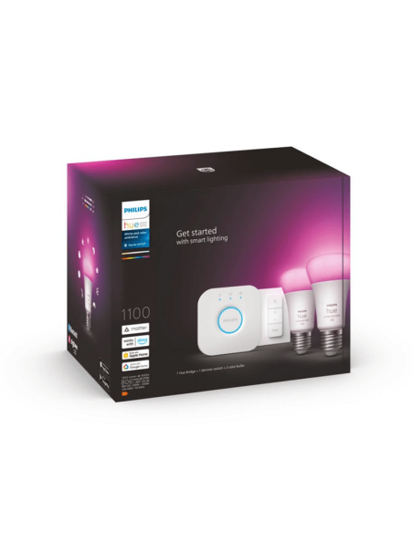 Kit de démarrage 2 ampoules intelligentes E27 (1100lm) + régulateur d'intensité et de couleur Coffret produit Philips Hue