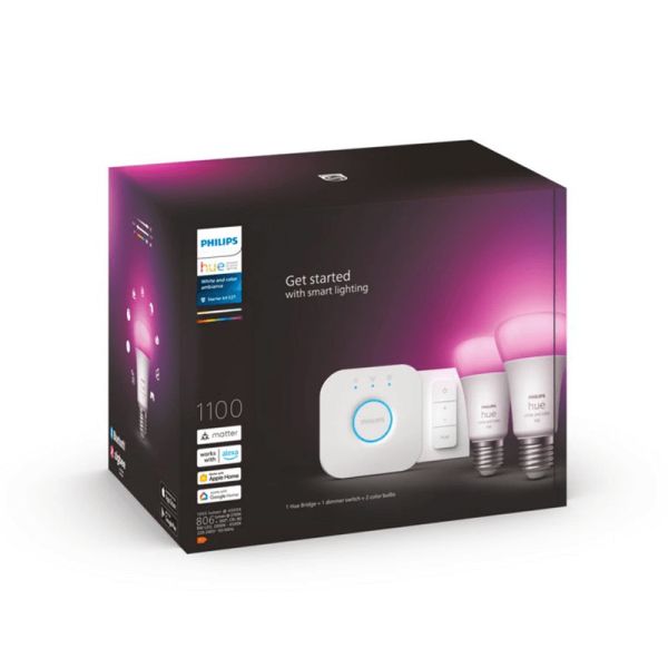 Kit de inicio 2 bombillas inteligentes E27 (1100lm) + regulador de intensidad y color Philips Hue caja producto