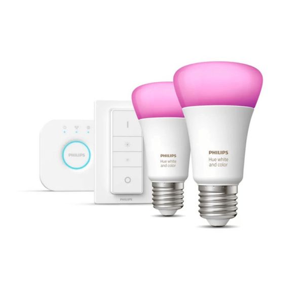 Kit de inicio 2 bombillas inteligentes E27 (1100lm) + regulador de intensidad y color Philips Hue kit completo