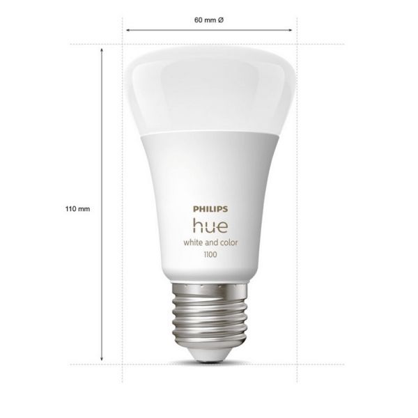 Kit de inicio 2 bombillas inteligentes E27 (1100lm) + regulador de intensidad y color Philips Hue medidas producto