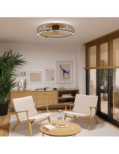 Ventilador plafón LED Nature negro y madera ambiente