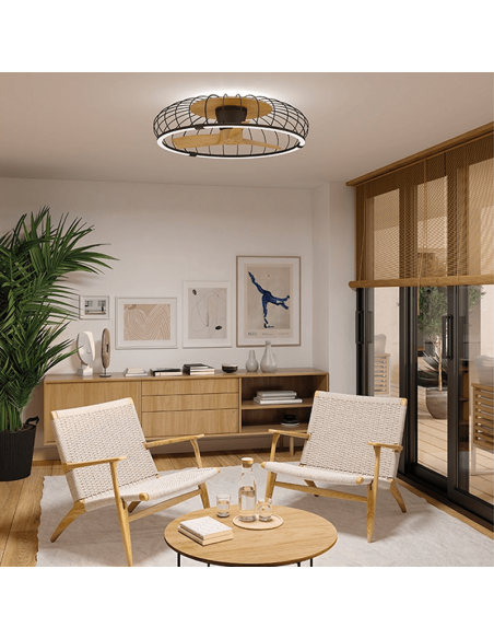 Ventilateur de plafond LED Nature noir et bois d'ambiance