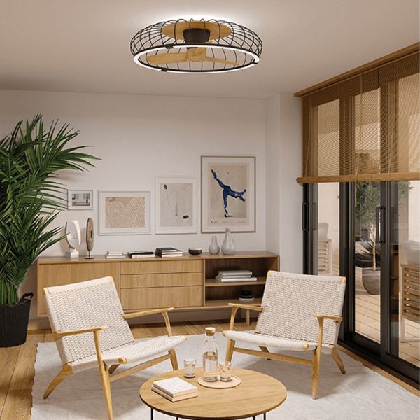 Ventilador plafón LED Nature negro y madera ambiente
