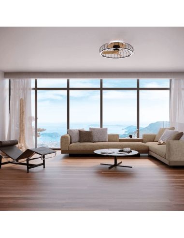 Ventilador plafón LED Nature negro y madera ambiente