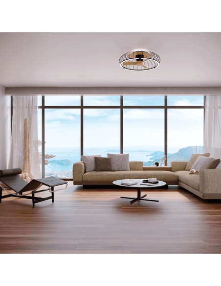 Ventilador plafón LED Nature negro y madera ambiente