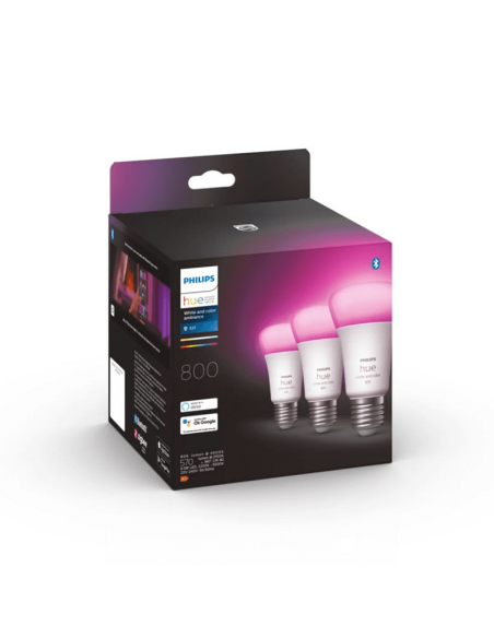 Lâmpada inteligente Philips Hue White e Color Ambiance A60 E27 800 Pack 3 caixa do produto