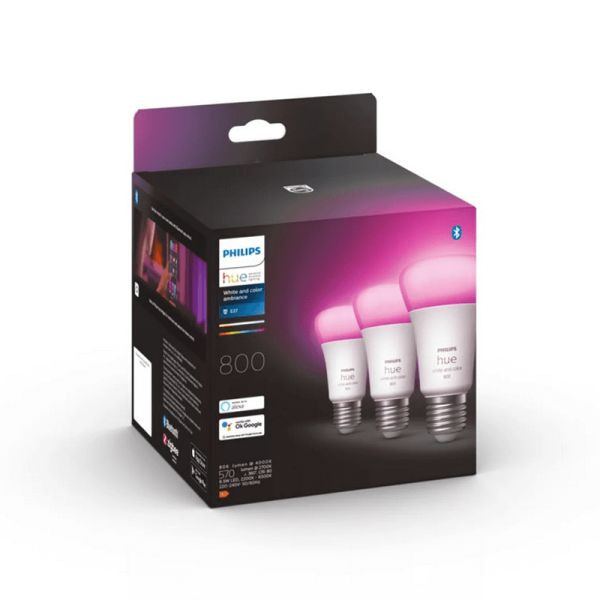 Lâmpada inteligente Philips Hue White e Color Ambiance A60 E27 800 Pack 3 caixa do produto