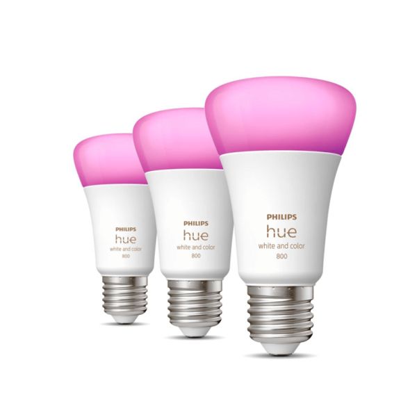 Lâmpada inteligente Philips Hue White and Color Ambiance A60 E27 800 Pack 3 milhões de tons de branco e luz colorida