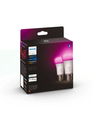 Bombilla inteligente Philips Hue White and Color Ambiance LED 6.5W 2000K-6500K RGB A60 E27 830lm Pack 2 caja producto