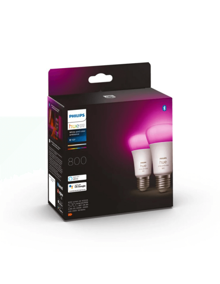 Bombilla inteligente Philips Hue White and Color Ambiance LED 6.5W 2000K-6500K RGB A60 E27 830lm Pack 2 caja producto